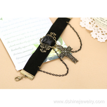 Velvet Band Rose Alloy Cross Pendant Chain Tassel Bracelet